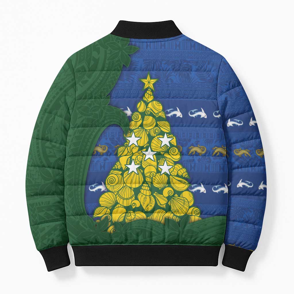 Solomon Islands Christmas Bomber Puffer Jacket Seashell Xmas Tree Tribal Waves - Polynesian Pride