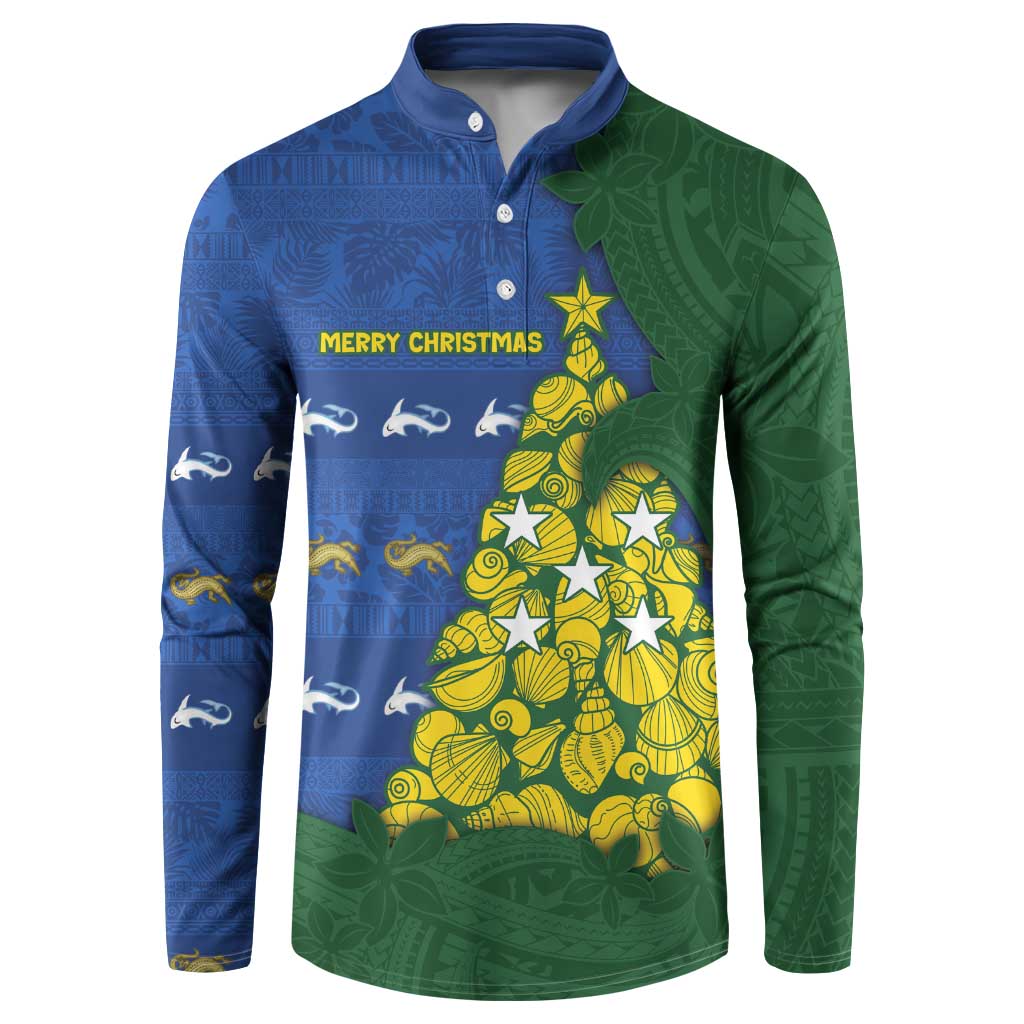 Solomon Islands Christmas Button Sweatshirt Seashell Xmas Tree Tribal Waves - Polynesian Pride