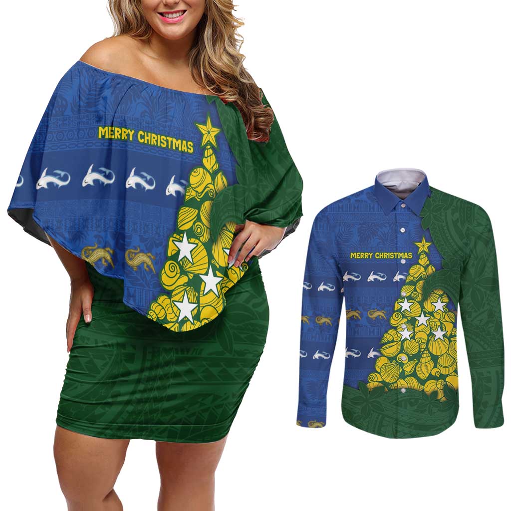 Solomon Islands Christmas Couples Matching Off Shoulder Short Dress and Long Sleeve Button Shirt Seashell Xmas Tree Tribal Waves - Polynesian Pride
