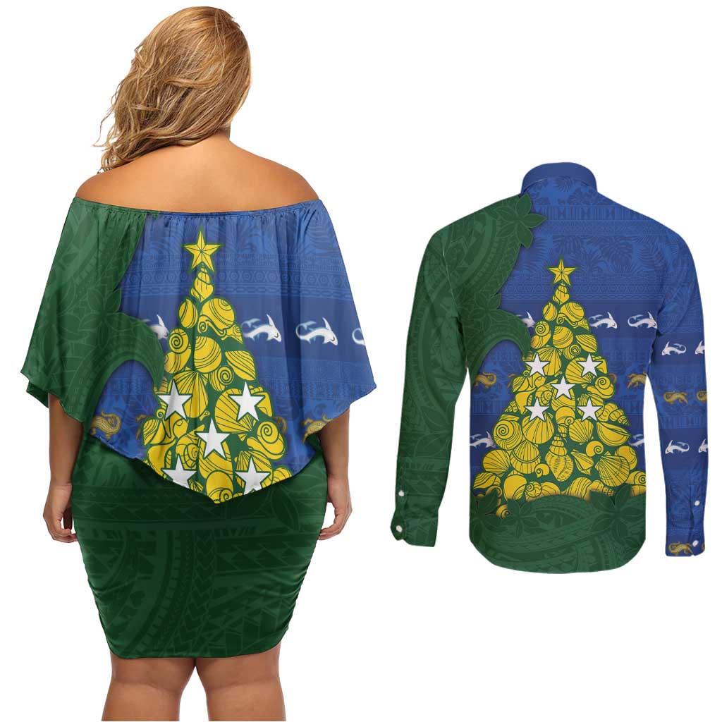 Solomon Islands Christmas Couples Matching Off Shoulder Short Dress and Long Sleeve Button Shirt Seashell Xmas Tree Tribal Waves - Polynesian Pride