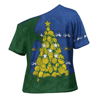 Solomon Islands Christmas Cross Shoulder Shirt Seashell Xmas Tree Tribal Waves - Polynesian Pride