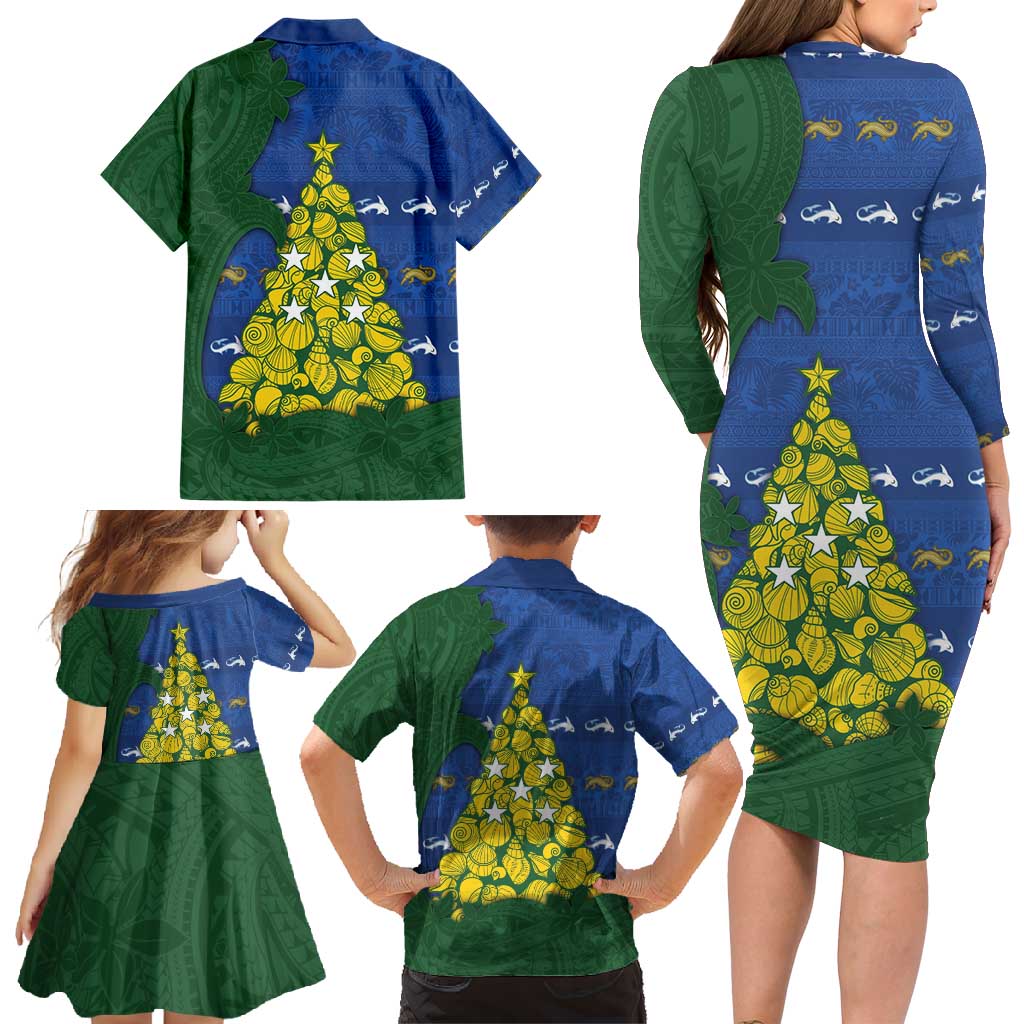 Solomon Islands Christmas Family Matching Long Sleeve Bodycon Dress and Hawaiian Shirt Seashell Xmas Tree Tribal Waves - Polynesian Pride