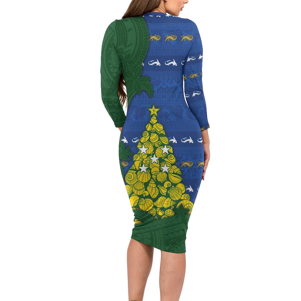 Solomon Islands Christmas Family Matching Long Sleeve Bodycon Dress and Hawaiian Shirt Seashell Xmas Tree Tribal Waves - Polynesian Pride