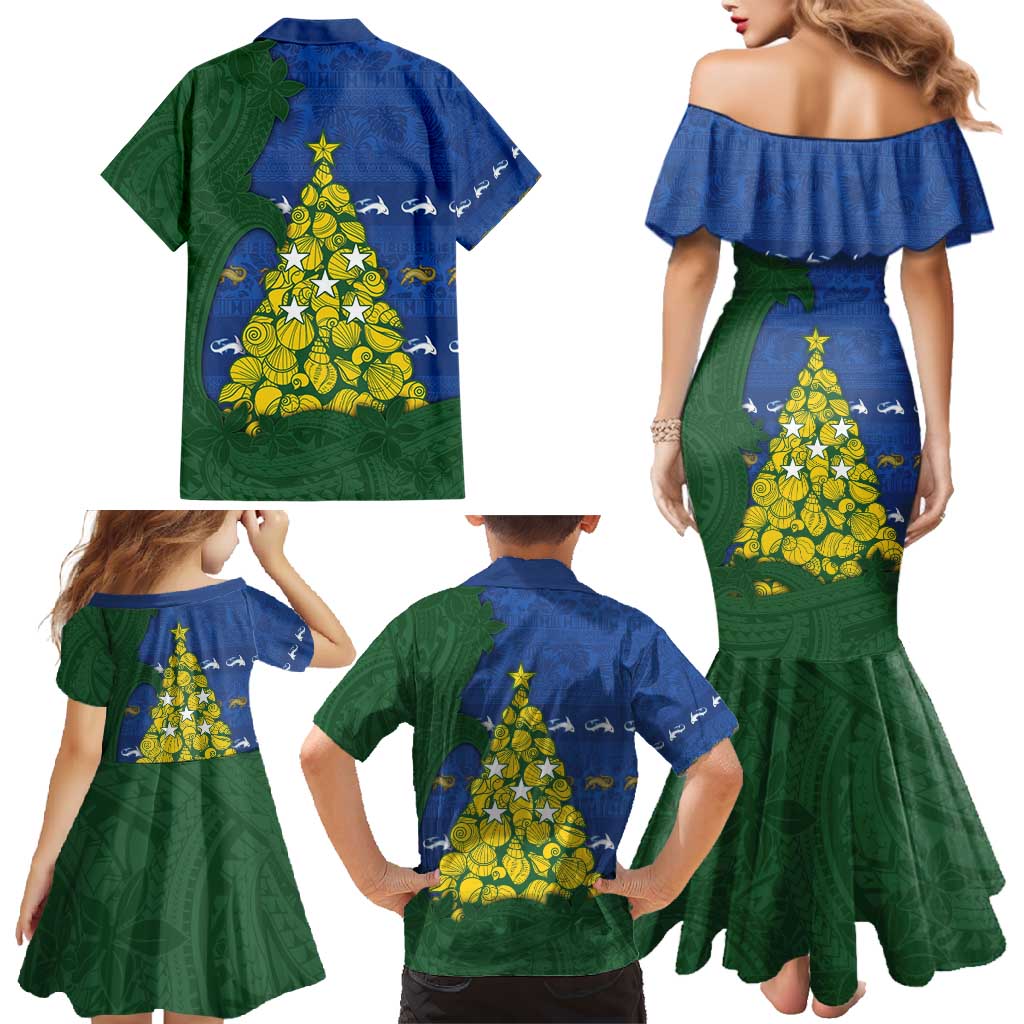 Solomon Islands Christmas Family Matching Mermaid Dress and Hawaiian Shirt Seashell Xmas Tree Tribal Waves - Polynesian Pride