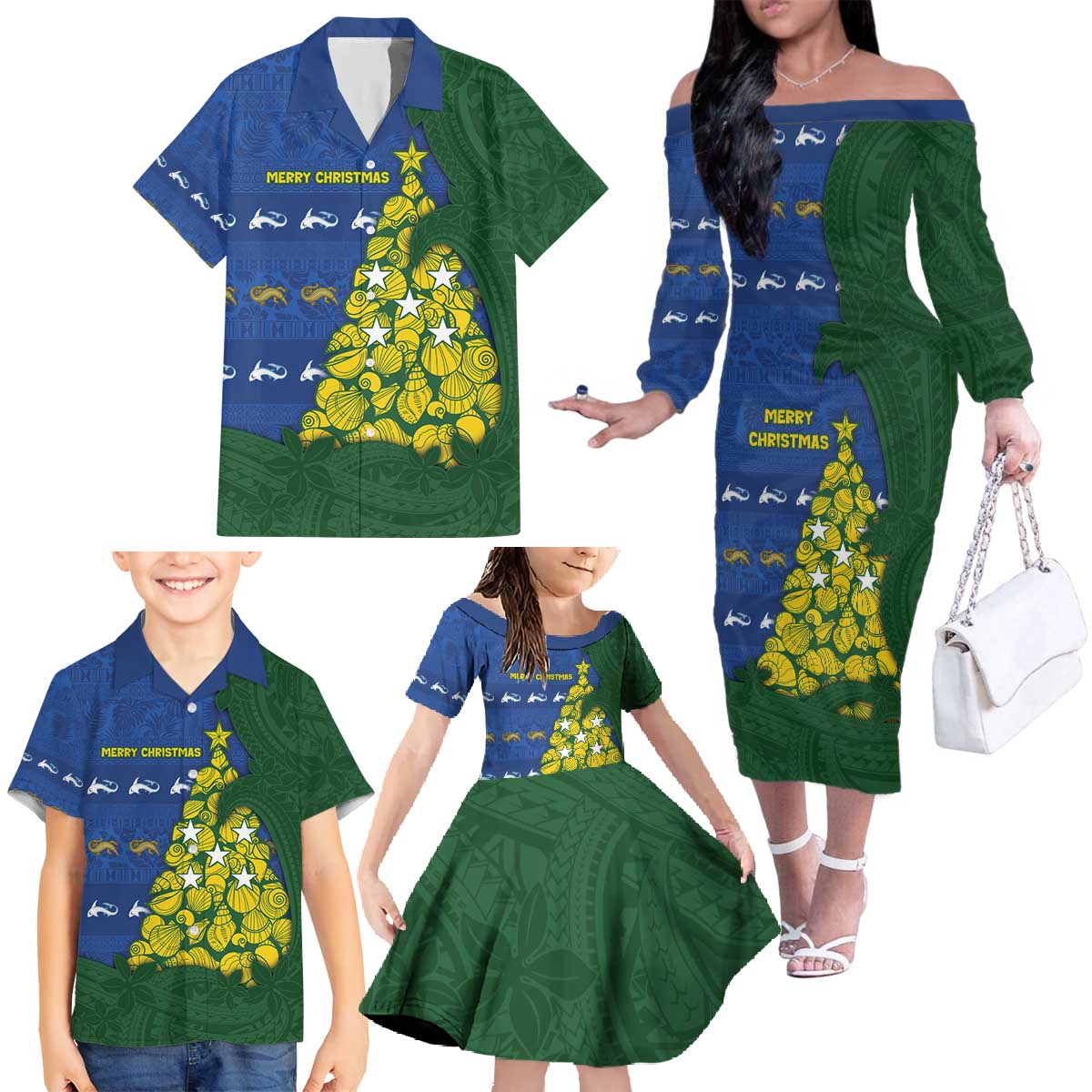 Solomon Islands Christmas Family Matching Off The Shoulder Long Sleeve Dress and Hawaiian Shirt Seashell Xmas Tree Tribal Waves - Polynesian Pride