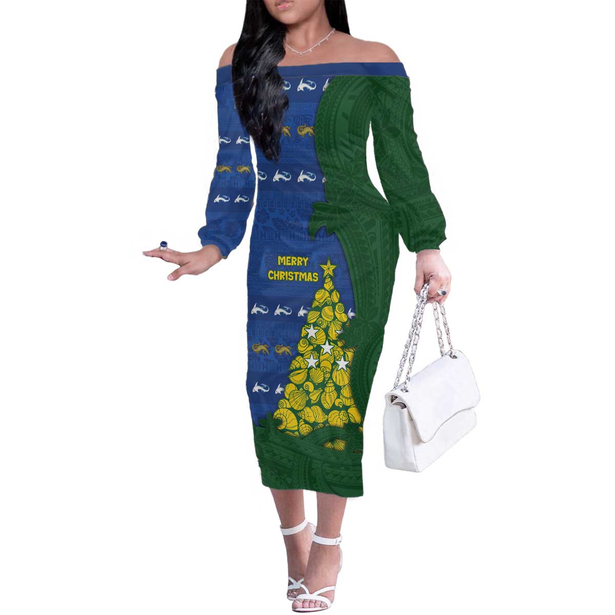 Solomon Islands Christmas Family Matching Off The Shoulder Long Sleeve Dress and Hawaiian Shirt Seashell Xmas Tree Tribal Waves - Polynesian Pride