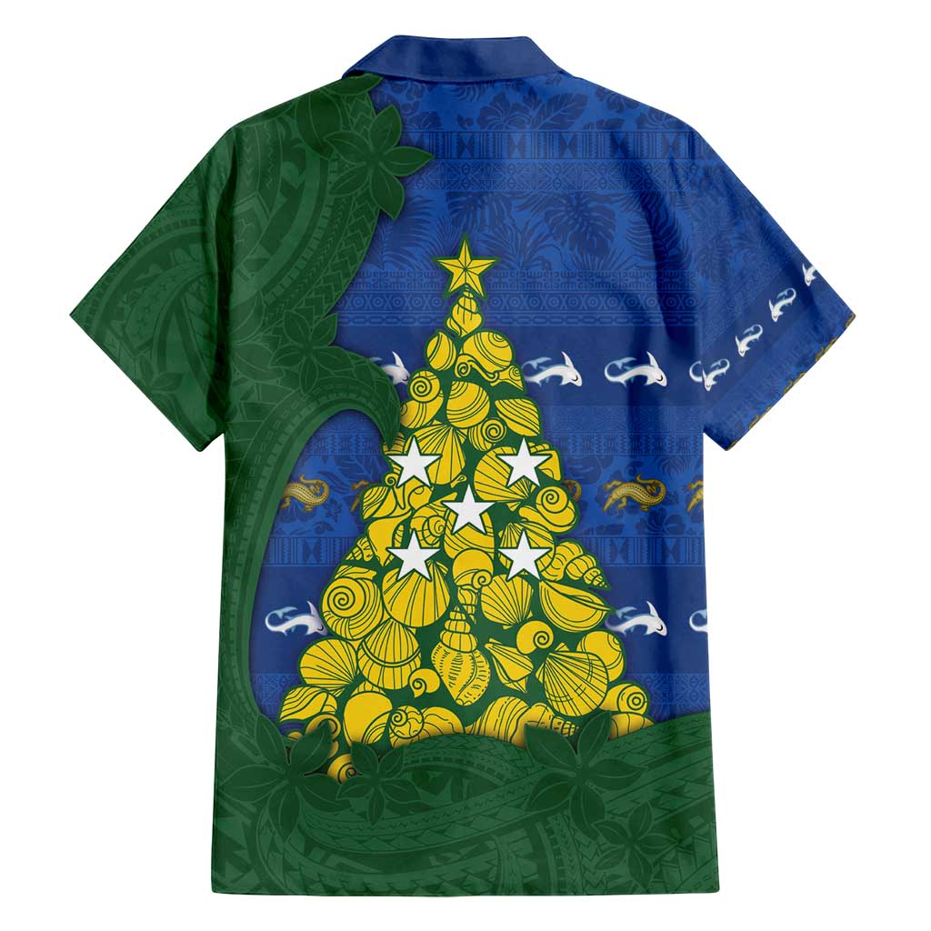 Solomon Islands Christmas Family Matching Off Shoulder Maxi Dress and Hawaiian Shirt Seashell Xmas Tree Tribal Waves - Polynesian Pride