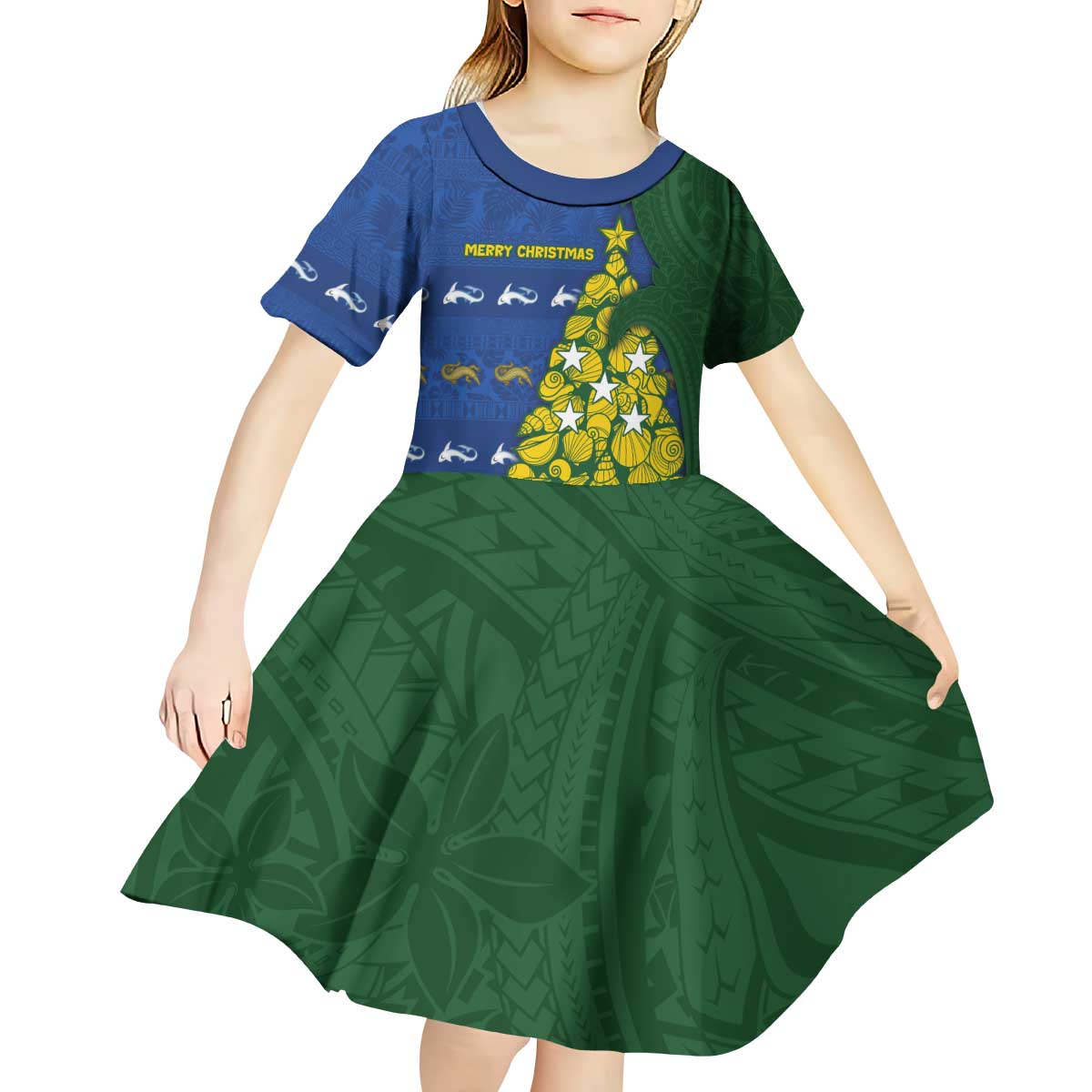 Solomon Islands Christmas Kid Short Sleeve Dress Seashell Xmas Tree Tribal Waves - Polynesian Pride