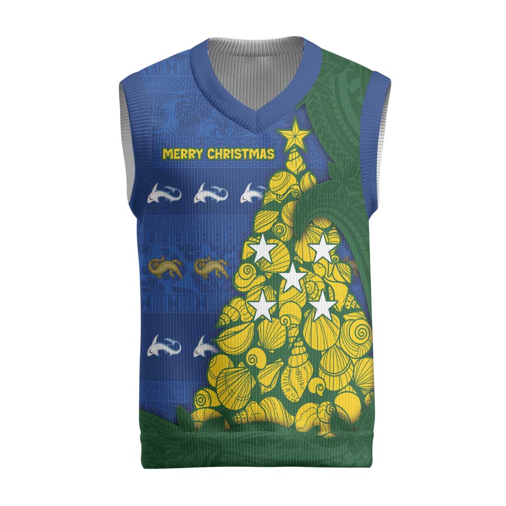 Solomon Islands Christmas Knitted V-Neck Vest Seashell Xmas Tree Tribal Waves - Polynesian Pride