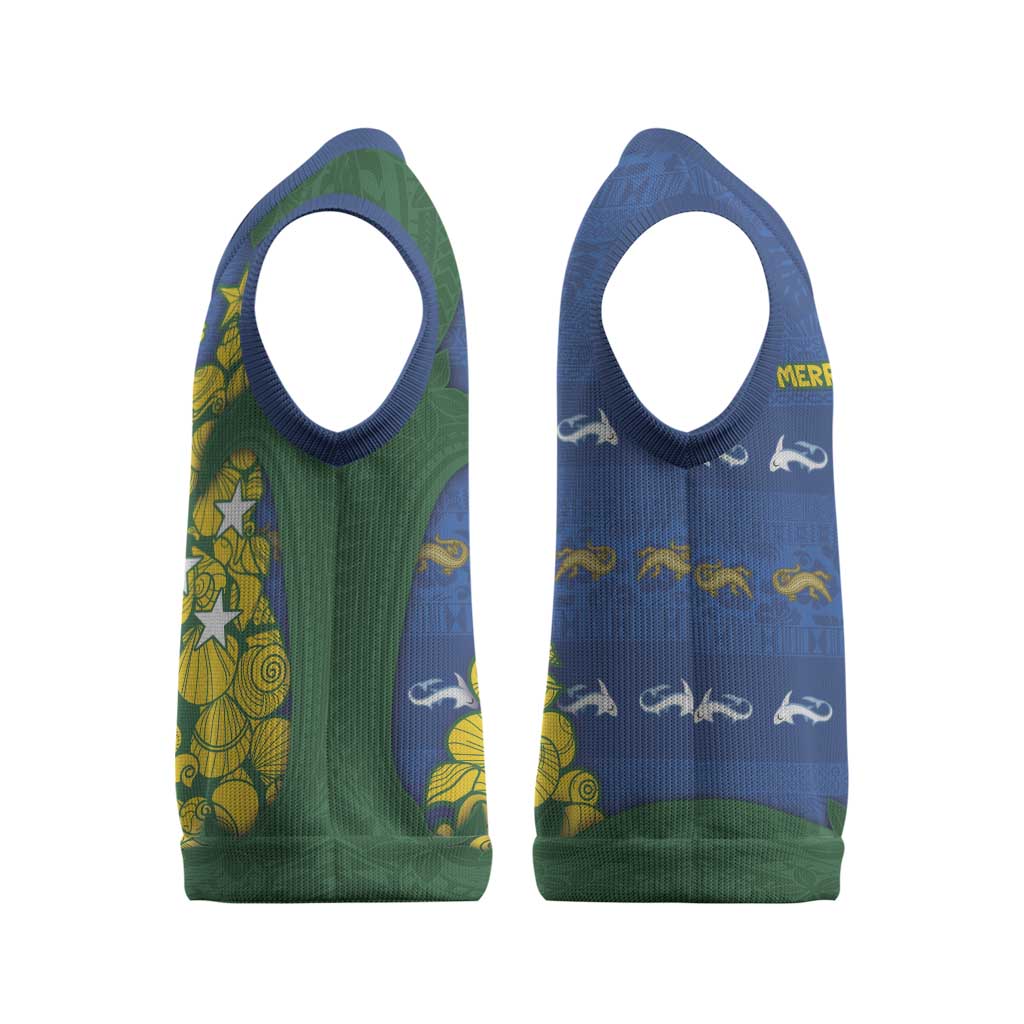 Solomon Islands Christmas Knitted V-Neck Vest Seashell Xmas Tree Tribal Waves - Polynesian Pride