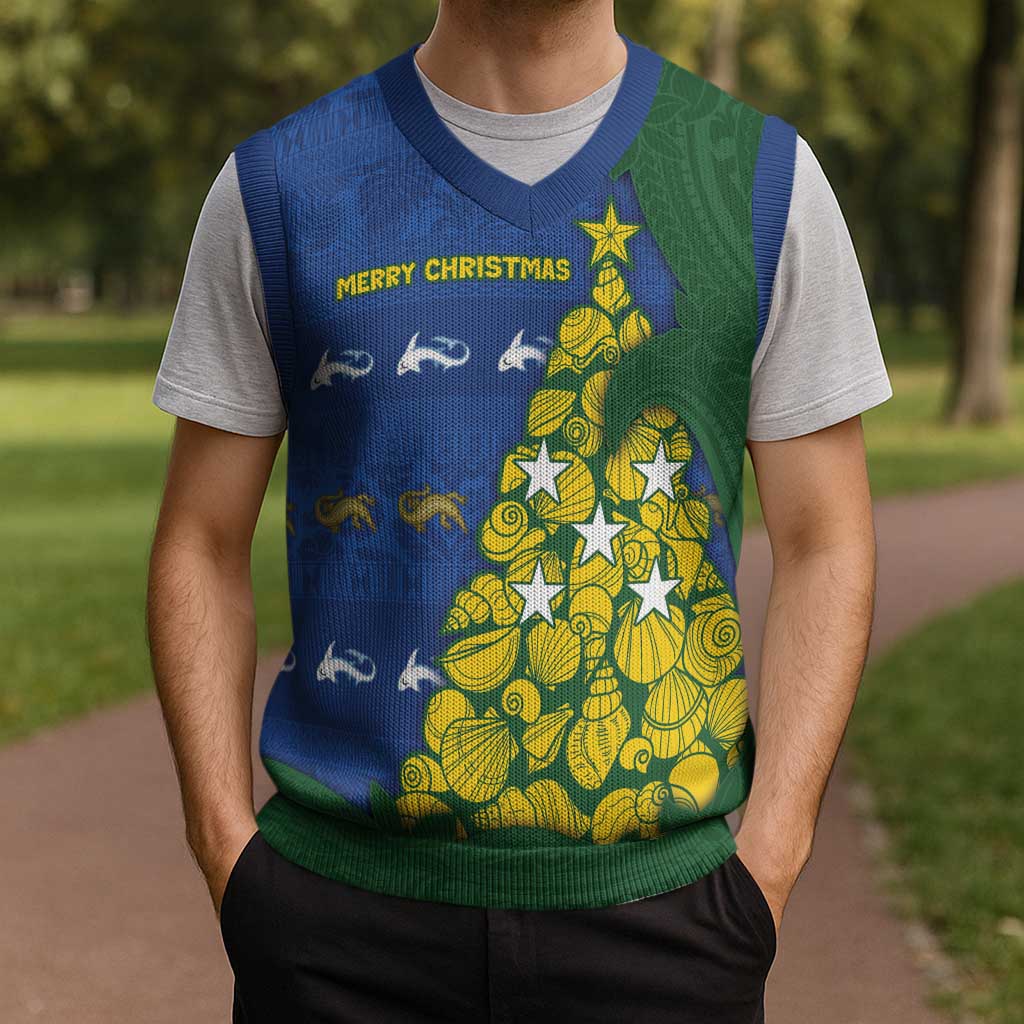 Solomon Islands Christmas Knitted V-Neck Vest Seashell Xmas Tree Tribal Waves - Polynesian Pride