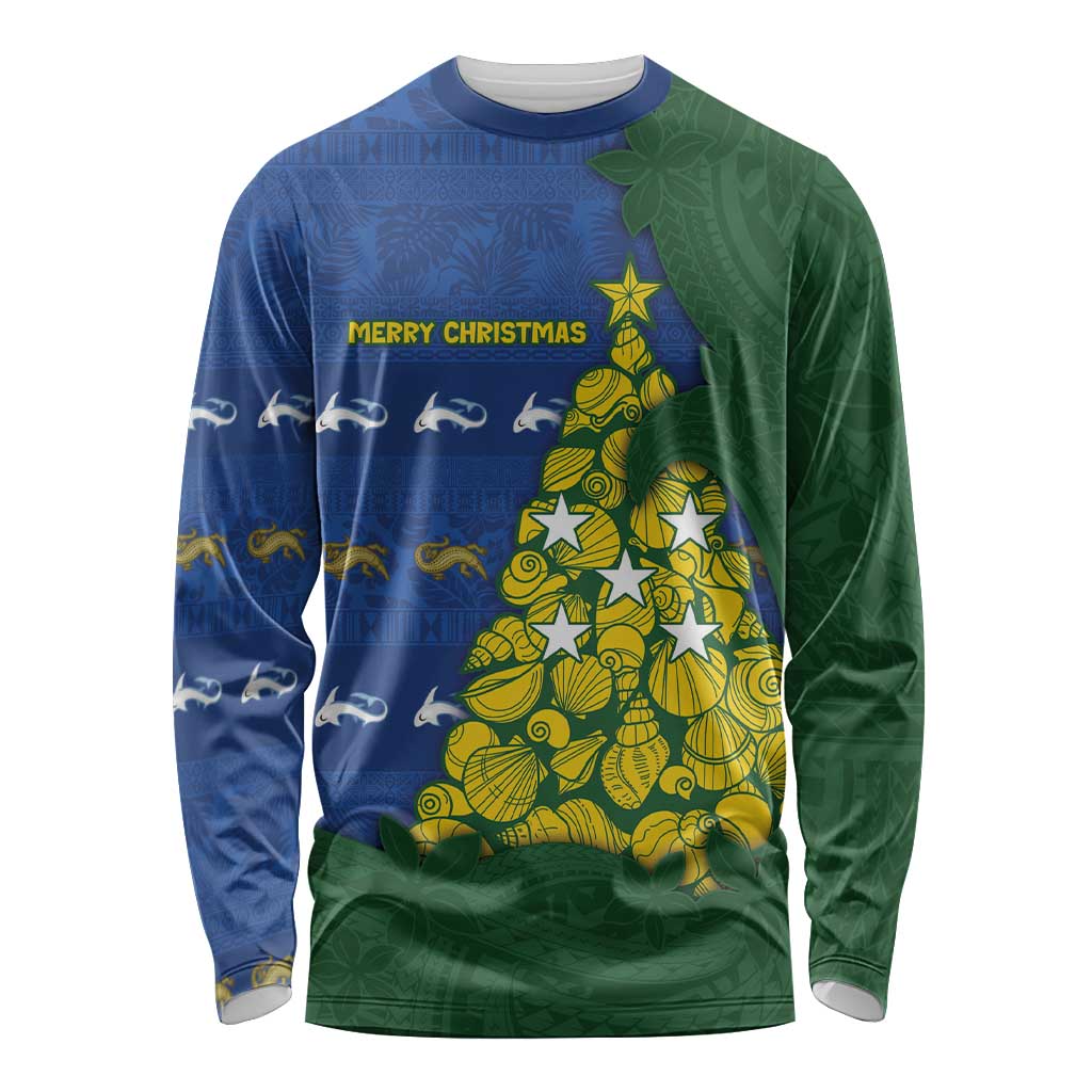 Solomon Islands Christmas Long Sleeve Shirt Seashell Xmas Tree Tribal Waves - Polynesian Pride
