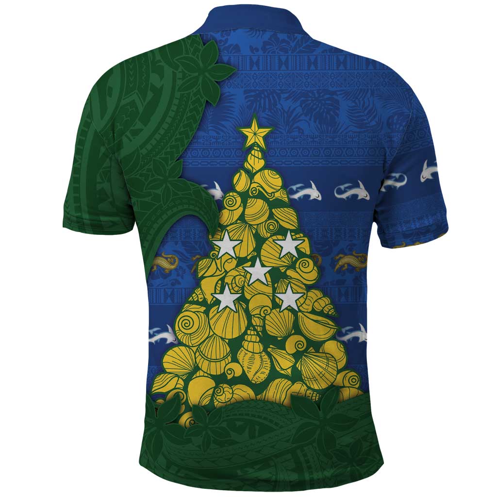Solomon Islands Christmas Polo Shirt Seashell Xmas Tree Tribal Waves - Polynesian Pride