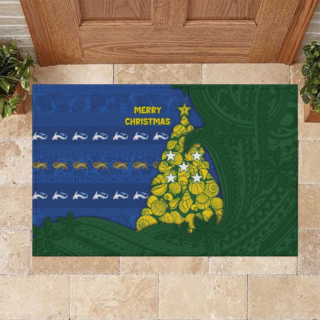 Solomon Islands Christmas Rubber Doormat Seashell Xmas Tree Tribal Waves - Polynesian Pride