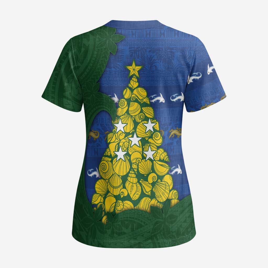 Solomon Islands Christmas Scrub Top Seashell Xmas Tree Tribal Waves - Polynesian Pride