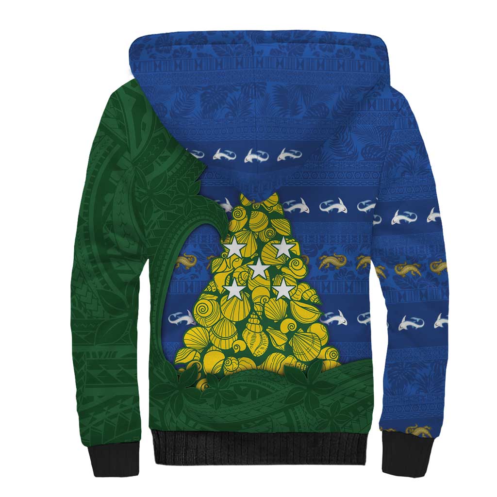 Solomon Islands Christmas Sherpa Hoodie Seashell Xmas Tree Tribal Waves - Polynesian Pride