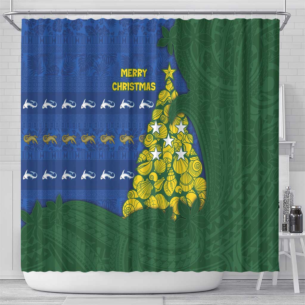 Solomon Islands Christmas Shower Curtain Seashell Xmas Tree Tribal Waves - Polynesian Pride