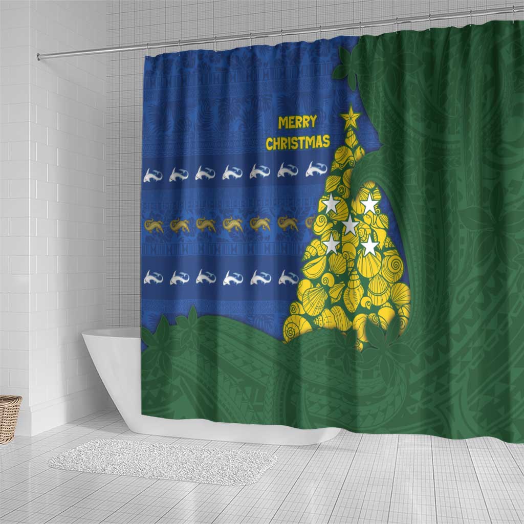 Solomon Islands Christmas Shower Curtain Seashell Xmas Tree Tribal Waves - Polynesian Pride
