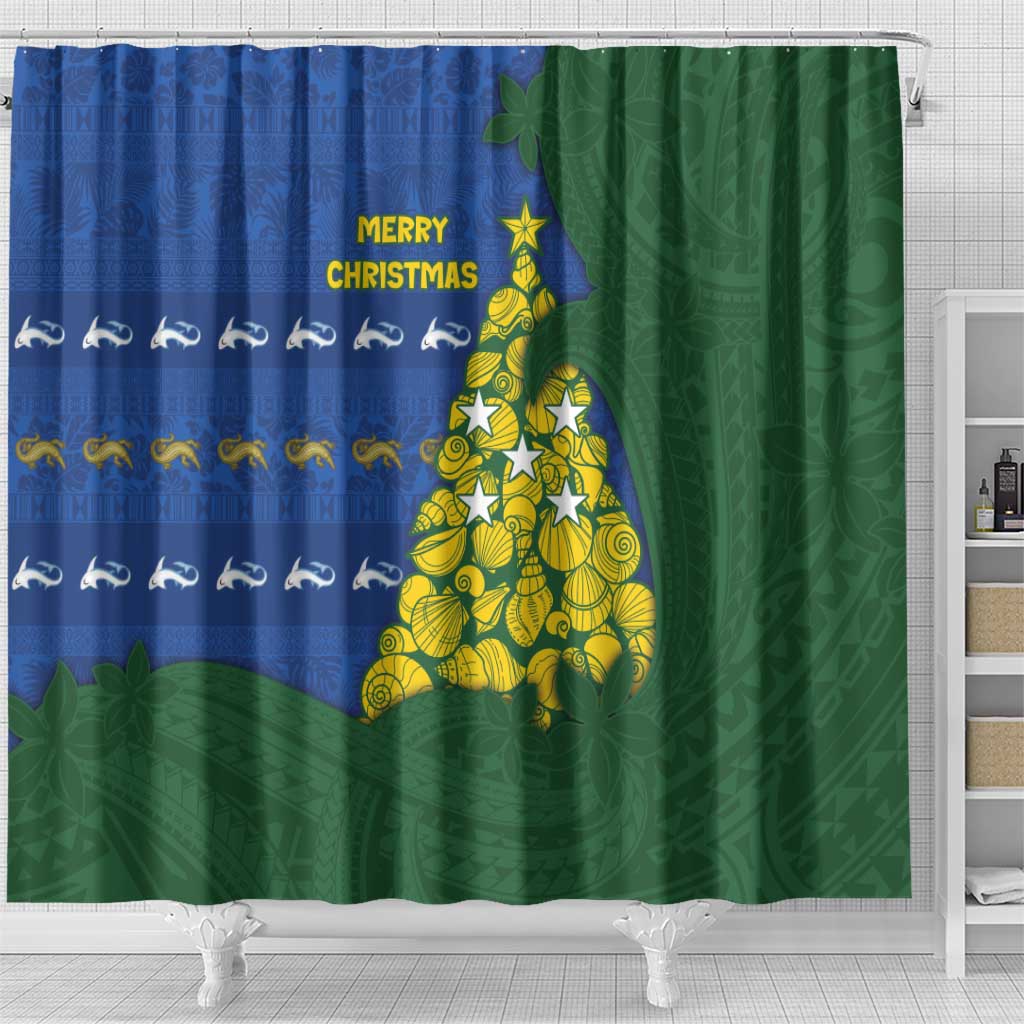 Solomon Islands Christmas Shower Curtain Seashell Xmas Tree Tribal Waves - Polynesian Pride