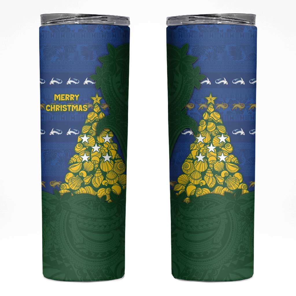Solomon Islands Christmas Skinny Tumbler Seashell Xmas Tree Tribal Waves - Polynesian Pride