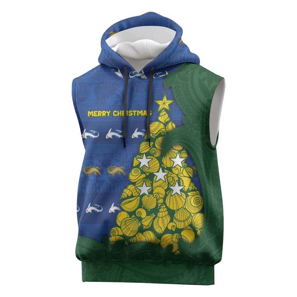 Solomon Islands Christmas Sleeveless Hoodie Seashell Xmas Tree Tribal Waves - Polynesian Pride