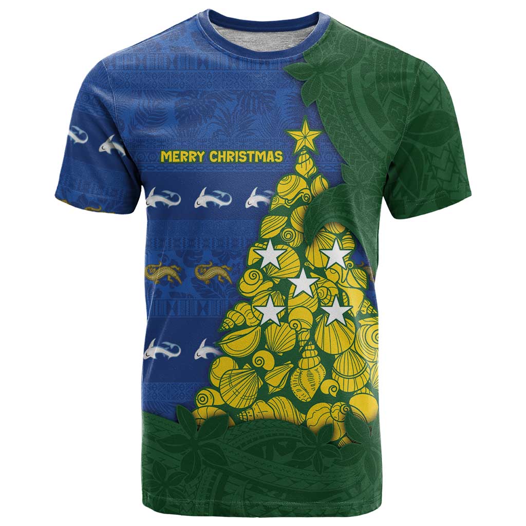 Solomon Islands Christmas T Shirt Seashell Xmas Tree Tribal Waves - Polynesian Pride
