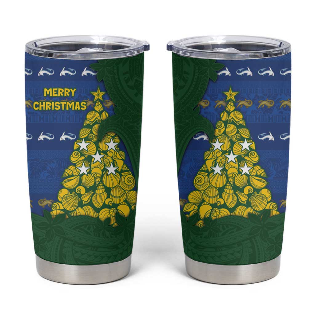 Solomon Islands Christmas Tumbler Cup Seashell Xmas Tree Tribal Waves - Polynesian Pride