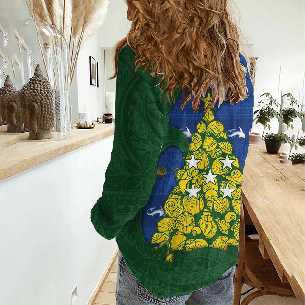 Solomon Islands Christmas Women Casual Shirt Seashell Xmas Tree Tribal Waves - Polynesian Pride