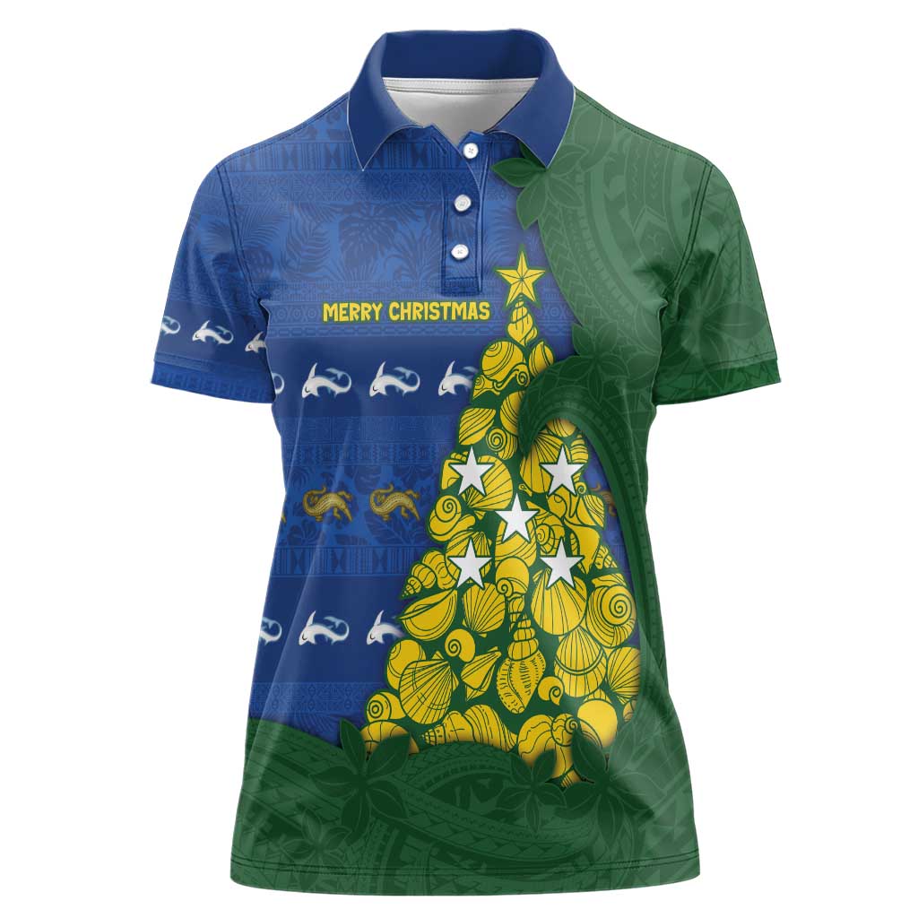 Solomon Islands Christmas Women Polo Shirt Seashell Xmas Tree Tribal Waves - Polynesian Pride
