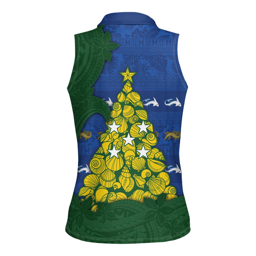 Solomon Islands Christmas Women Sleeveless Polo Shirt Seashell Xmas Tree Tribal Waves - Polynesian Pride