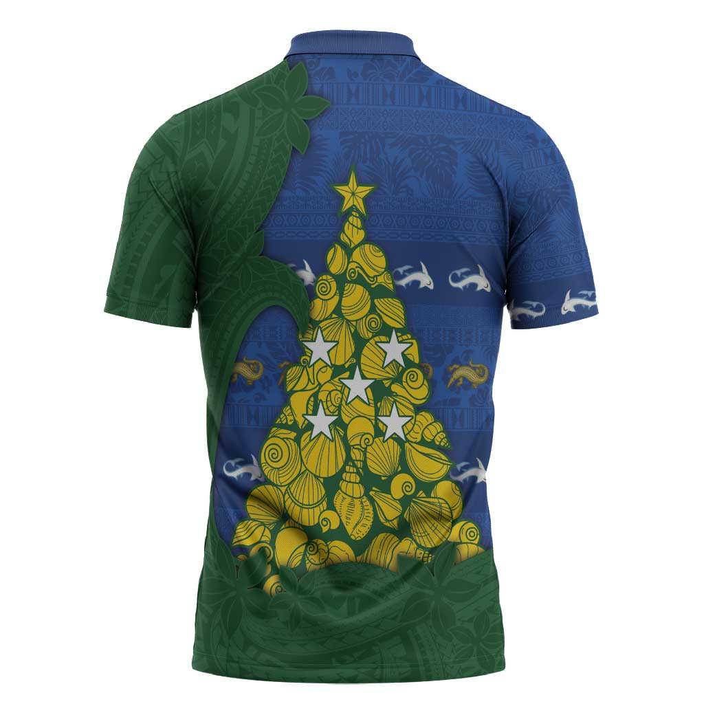 Solomon Islands Christmas Zipper Polo Shirt Seashell Xmas Tree Tribal Waves - Polynesian Pride