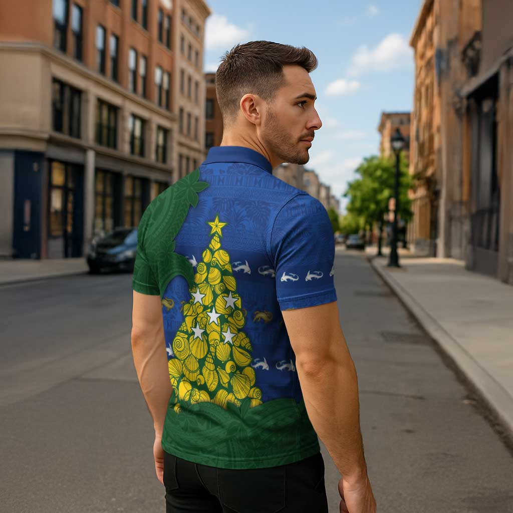 Solomon Islands Christmas Zipper Polo Shirt Seashell Xmas Tree Tribal Waves - Polynesian Pride