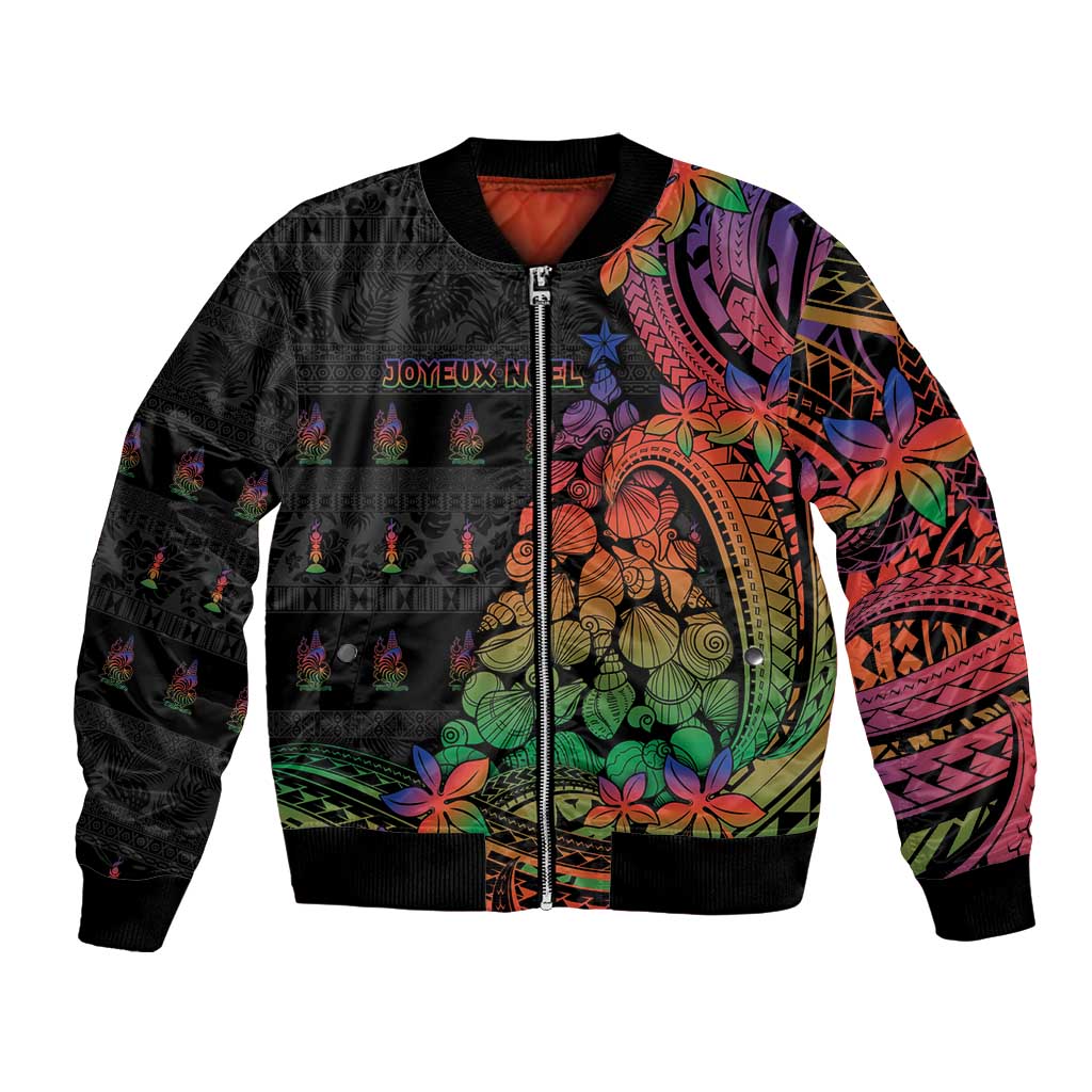 New Caledonia Christmas Bomber Jacket Seashell Xmas Tree Tribal Waves DT05 Unisex Black - Polynesian Pride