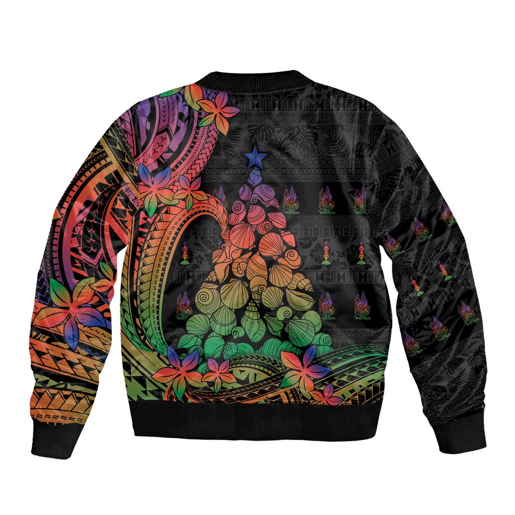 New Caledonia Christmas Bomber Jacket Seashell Xmas Tree Tribal Waves DT05 - Polynesian Pride
