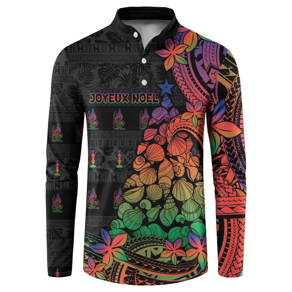 New Caledonia Christmas Button Sweatshirt Seashell Xmas Tree Tribal Waves DT05 Black - Polynesian Pride