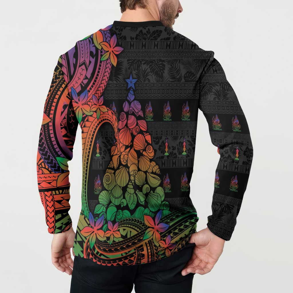 New Caledonia Christmas Button Sweatshirt Seashell Xmas Tree Tribal Waves DT05 - Polynesian Pride