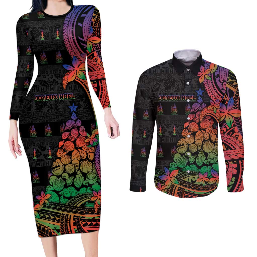 New Caledonia Christmas Couples Matching Long Sleeve Bodycon Dress and Long Sleeve Button Shirt Seashell Xmas Tree Tribal Waves DT05 Black - Polynesian Pride