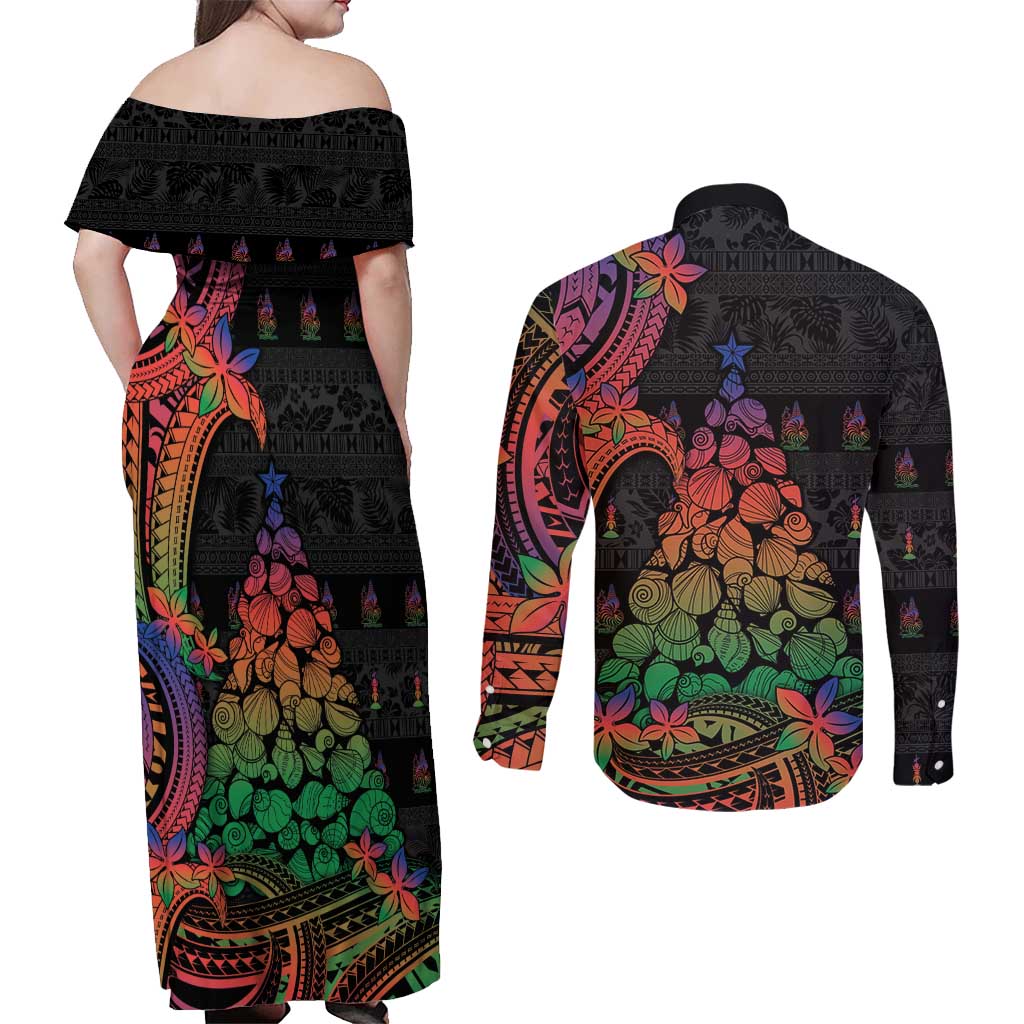 New Caledonia Christmas Couples Matching Off Shoulder Maxi Dress and Long Sleeve Button Shirt Seashell Xmas Tree Tribal Waves DT05 - Polynesian Pride