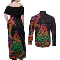 New Caledonia Christmas Couples Matching Off Shoulder Maxi Dress and Long Sleeve Button Shirt Seashell Xmas Tree Tribal Waves DT05 - Polynesian Pride