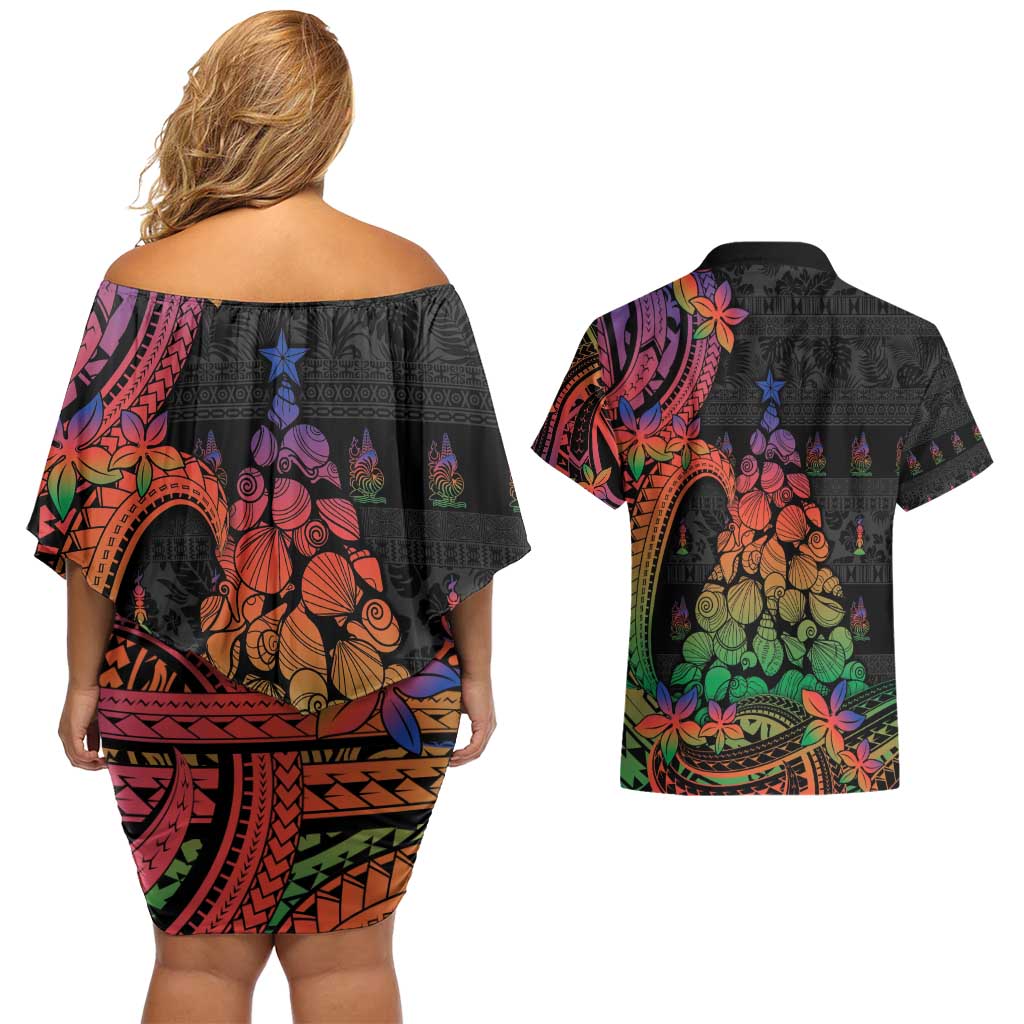 New Caledonia Christmas Couples Matching Off Shoulder Short Dress and Hawaiian Shirt Seashell Xmas Tree Tribal Waves - Polynesian Pride