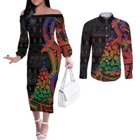 New Caledonia Christmas Couples Matching Off The Shoulder Long Sleeve Dress and Long Sleeve Button Shirt Seashell Xmas Tree Tribal Waves DT05 Black - Polynesian Pride