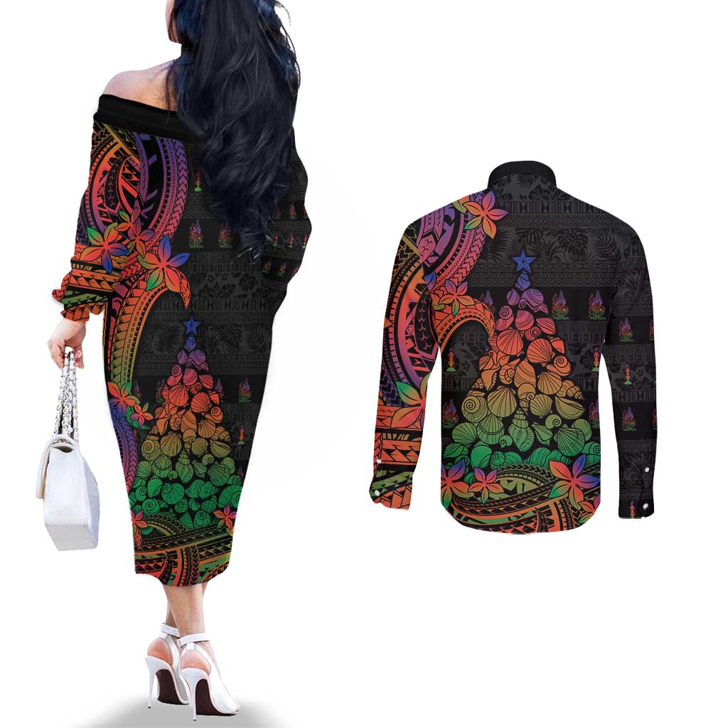 New Caledonia Christmas Couples Matching Off The Shoulder Long Sleeve Dress and Long Sleeve Button Shirt Seashell Xmas Tree Tribal Waves DT05 - Polynesian Pride
