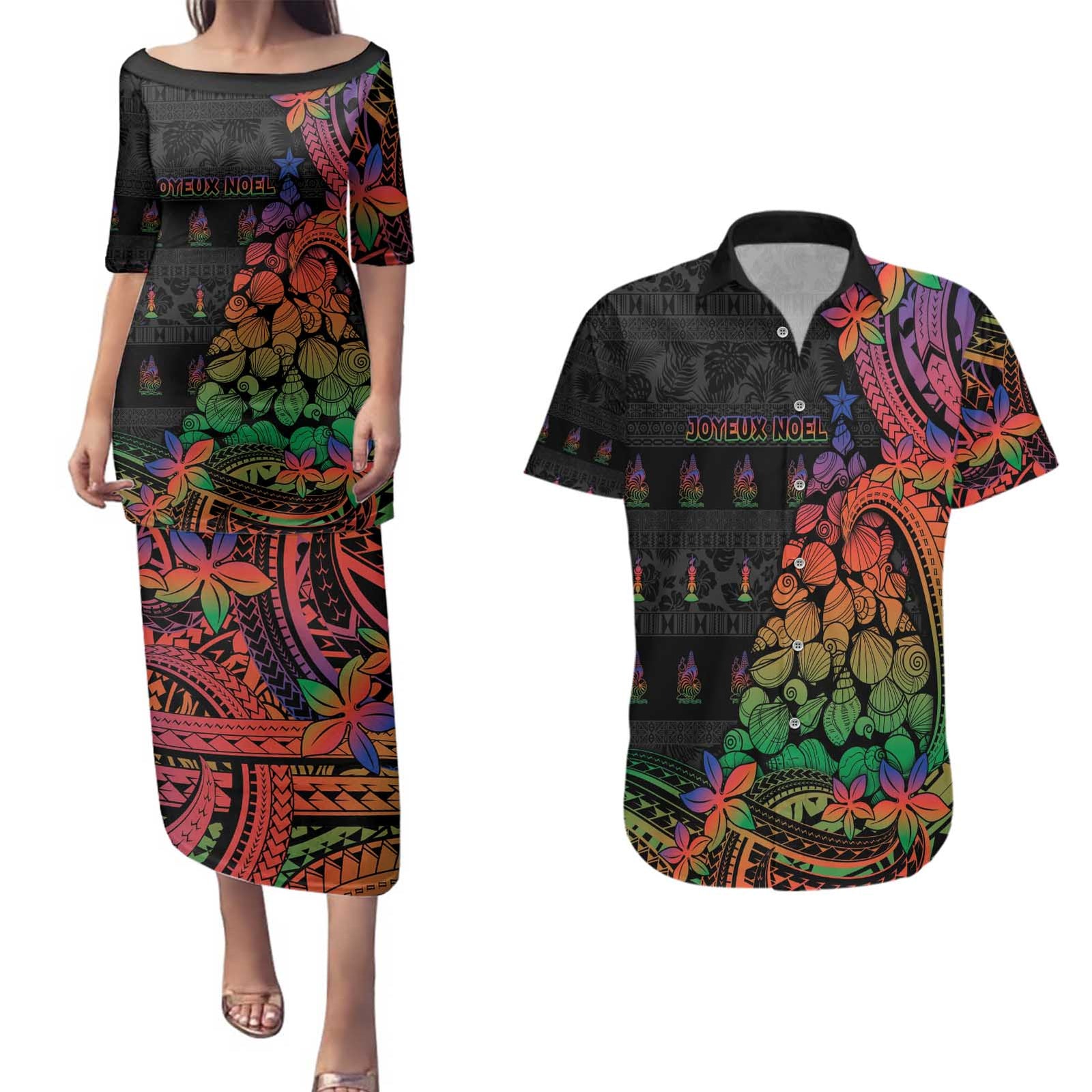 New Caledonia Christmas Couples Matching Puletasi and Hawaiian Shirt Seashell Xmas Tree Tribal Waves - Polynesian Pride