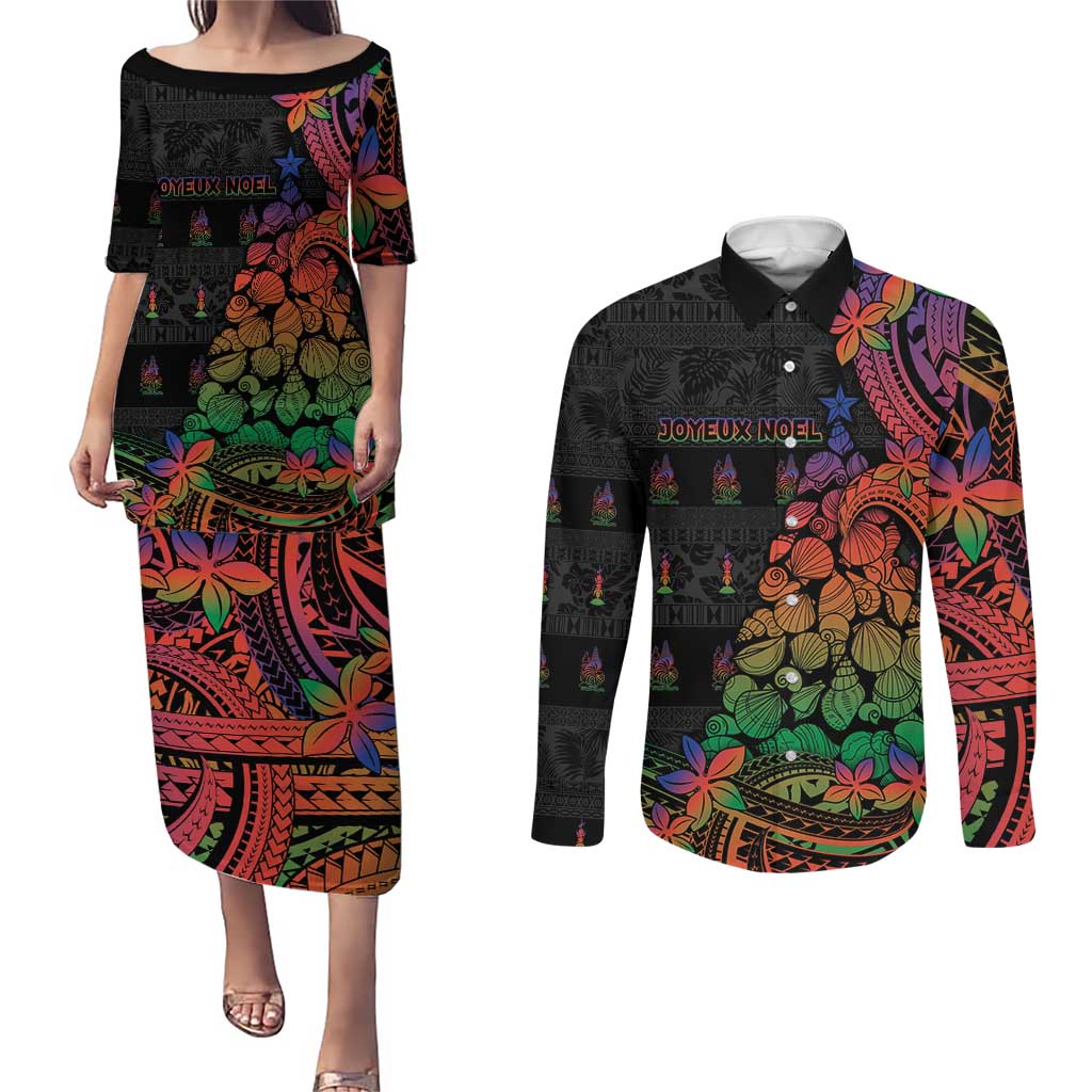 New Caledonia Christmas Couples Matching Puletasi and Long Sleeve Button Shirt Seashell Xmas Tree Tribal Waves DT05 Black - Polynesian Pride