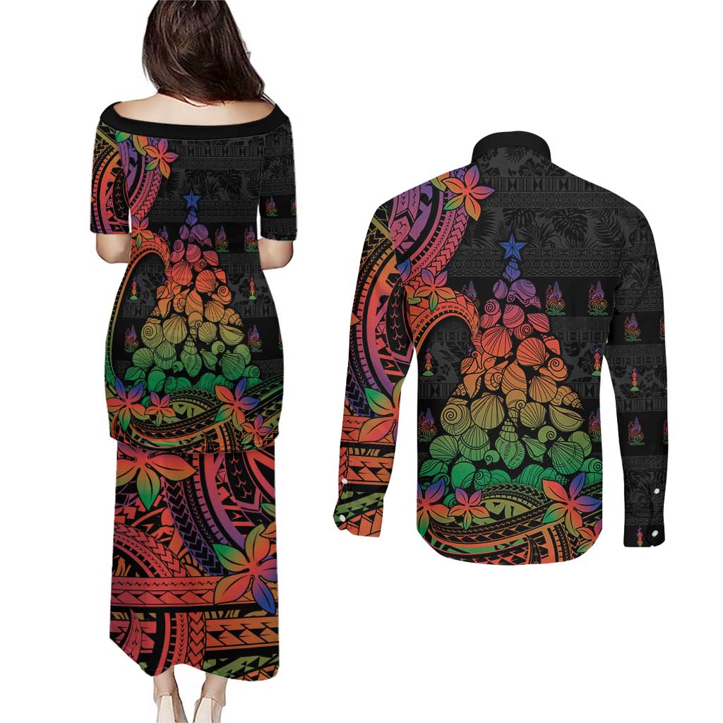 New Caledonia Christmas Couples Matching Puletasi and Long Sleeve Button Shirt Seashell Xmas Tree Tribal Waves - Polynesian Pride