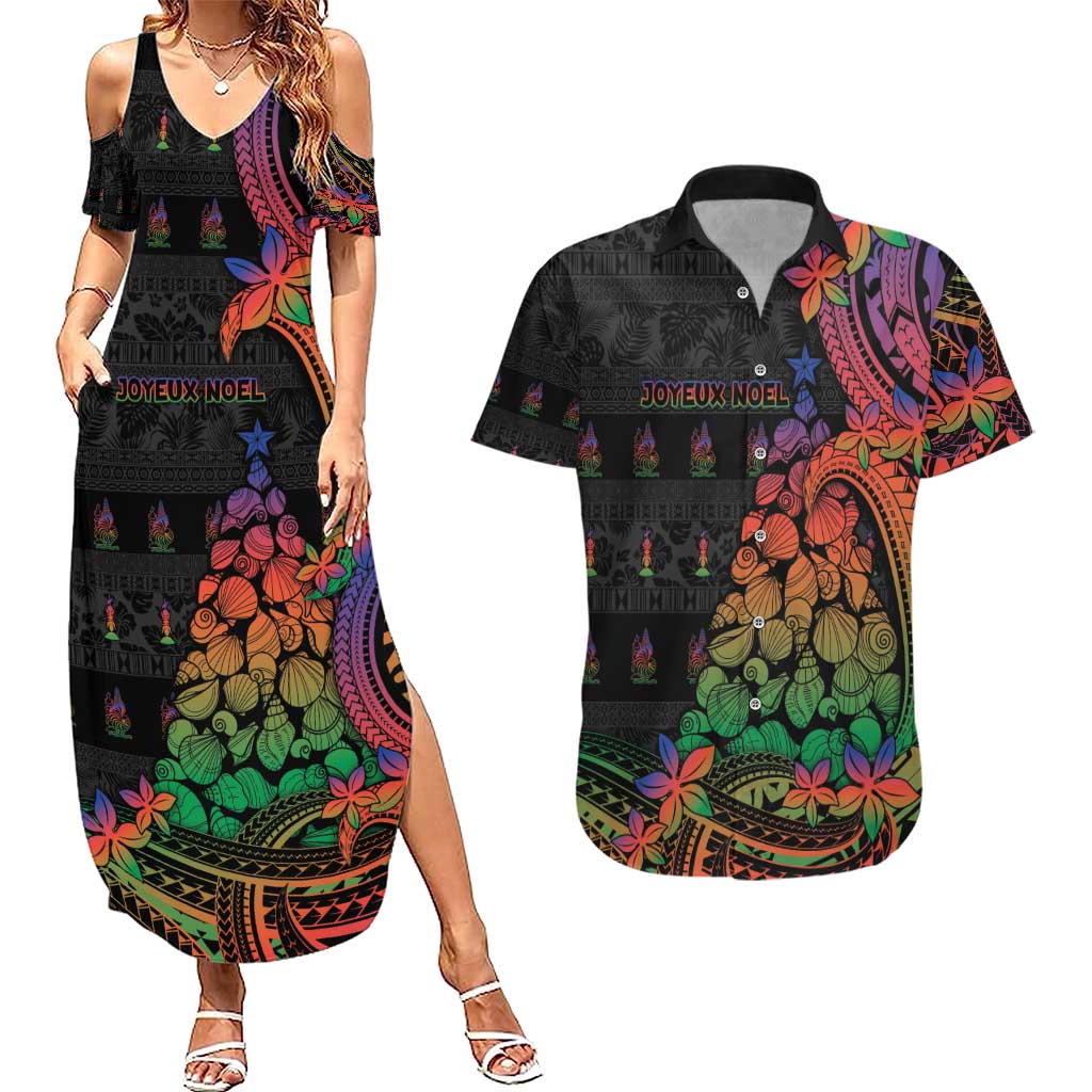 New Caledonia Christmas Couples Matching Summer Maxi Dress and Hawaiian Shirt Seashell Xmas Tree Tribal Waves - Polynesian Pride