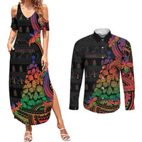 New Caledonia Christmas Couples Matching Summer Maxi Dress and Long Sleeve Button Shirt Seashell Xmas Tree Tribal Waves DT05 Black - Polynesian Pride
