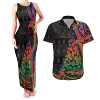 New Caledonia Christmas Couples Matching Tank Maxi Dress and Hawaiian Shirt Seashell Xmas Tree Tribal Waves - Polynesian Pride