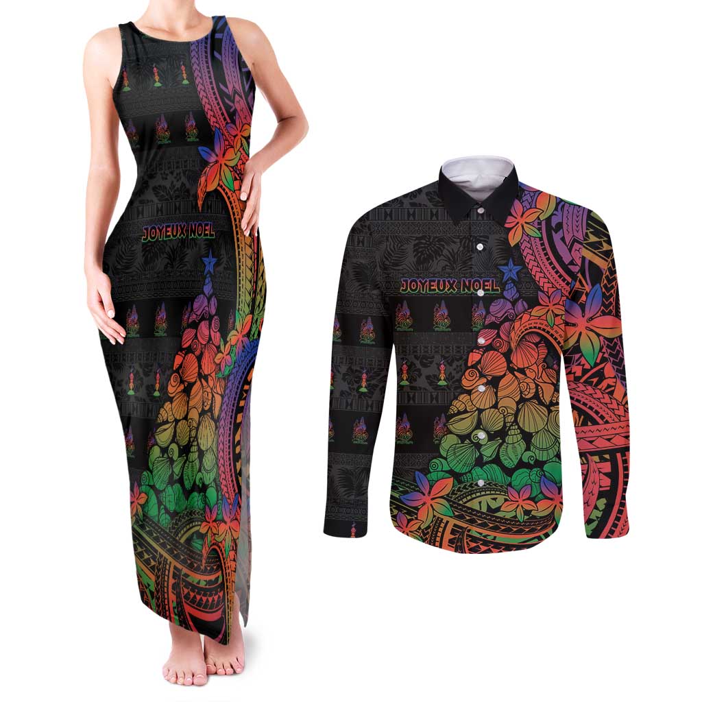 New Caledonia Christmas Couples Matching Tank Maxi Dress and Long Sleeve Button Shirt Seashell Xmas Tree Tribal Waves - Polynesian Pride