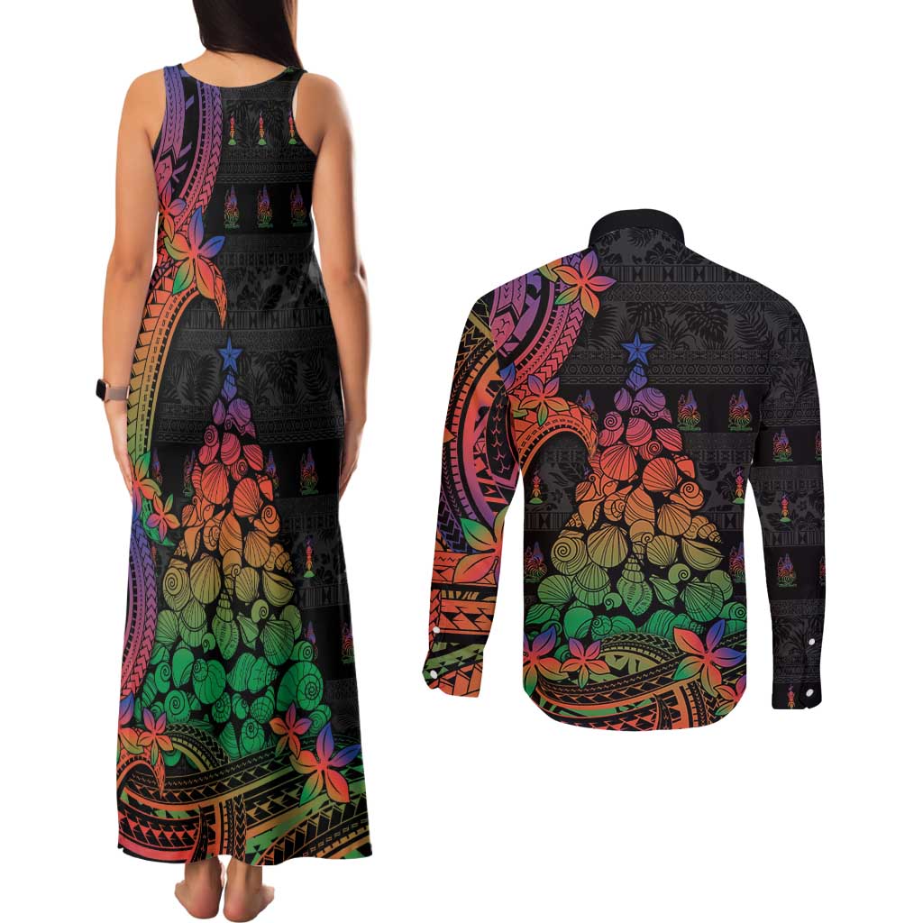 New Caledonia Christmas Couples Matching Tank Maxi Dress and Long Sleeve Button Shirt Seashell Xmas Tree Tribal Waves - Polynesian Pride